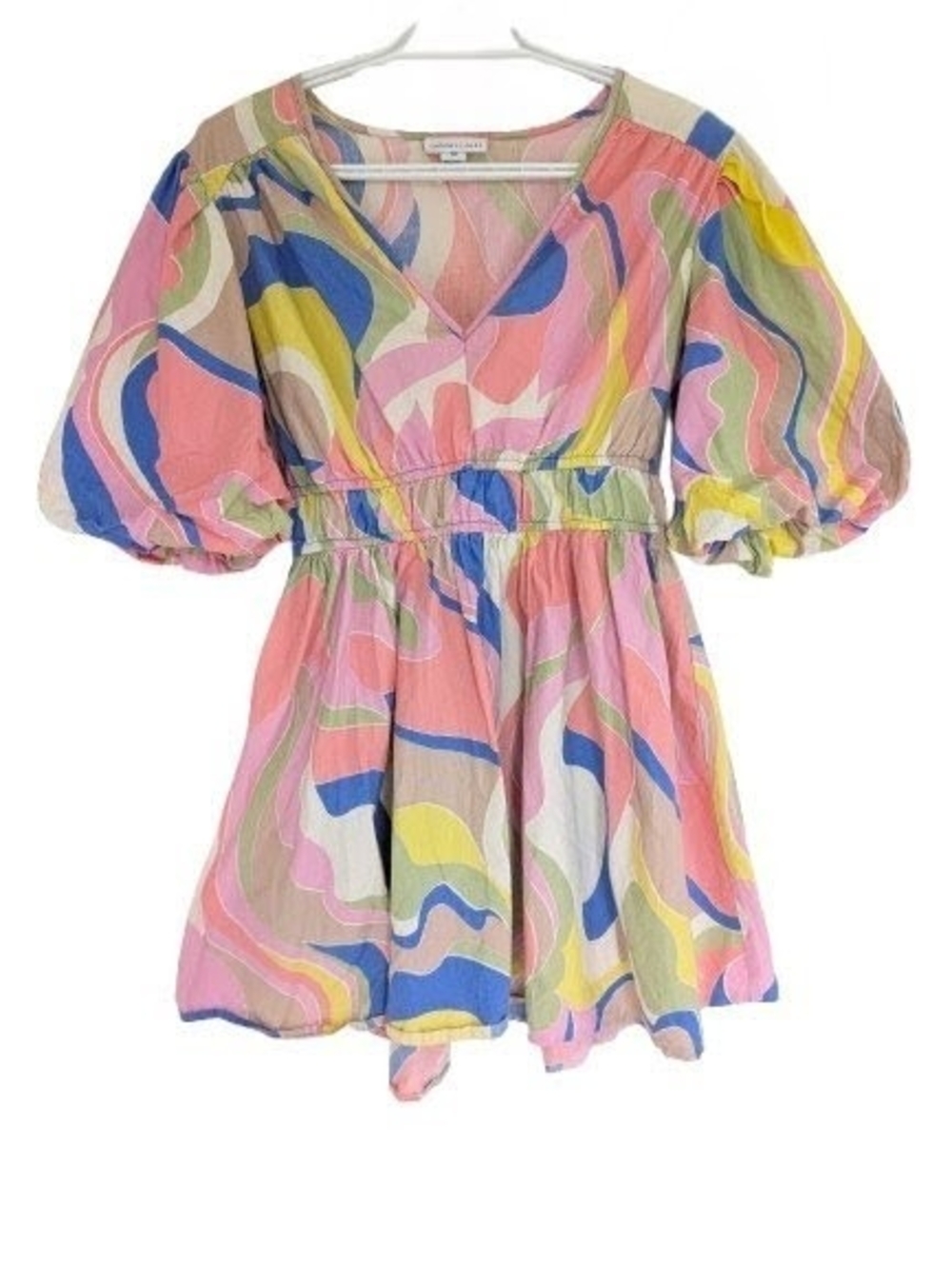 Sincerely Jules Colorful Abstract Swirl Puff Sleeve V-Neck Cotton Mini Dress M